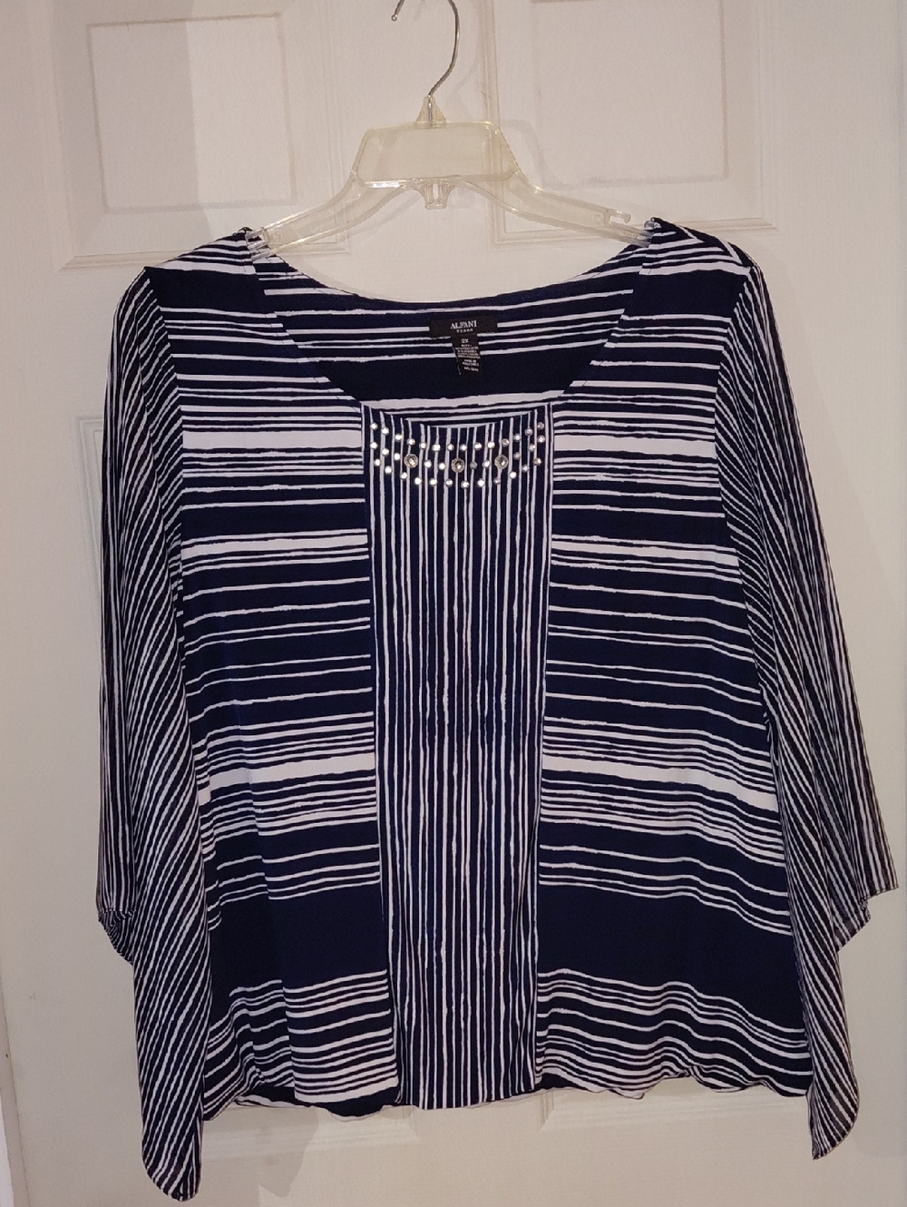 EUC Alfani Striped Blouse, Lined, 2X, Jeweled Neck, Sheer Batwing Sleeves